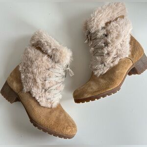 Vintage 70s 80s Hush Puppies Lined Fur Lace Up Suede Boots Size 7.5